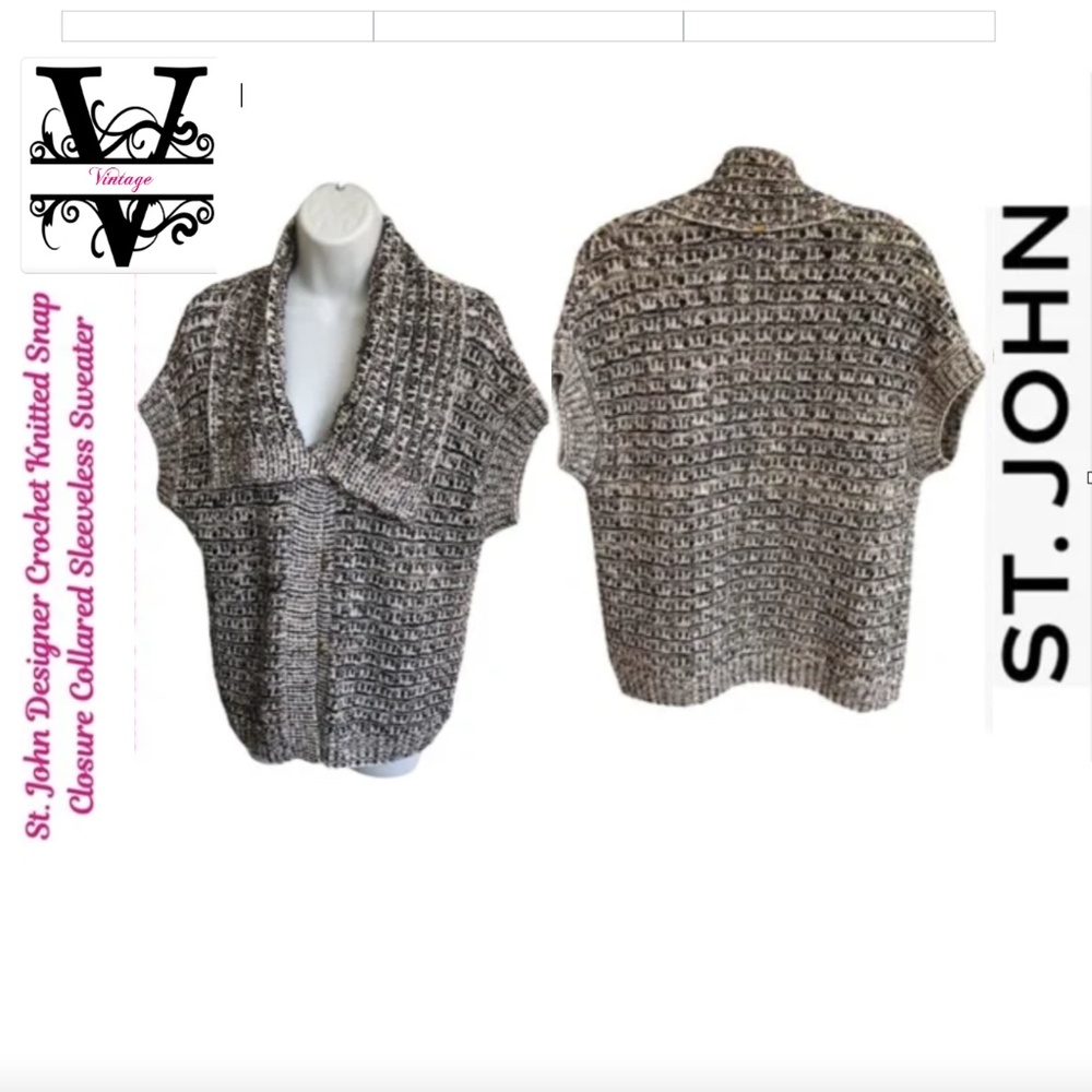 St. John Crochet Knitted Collared Sleeveless Sweater
